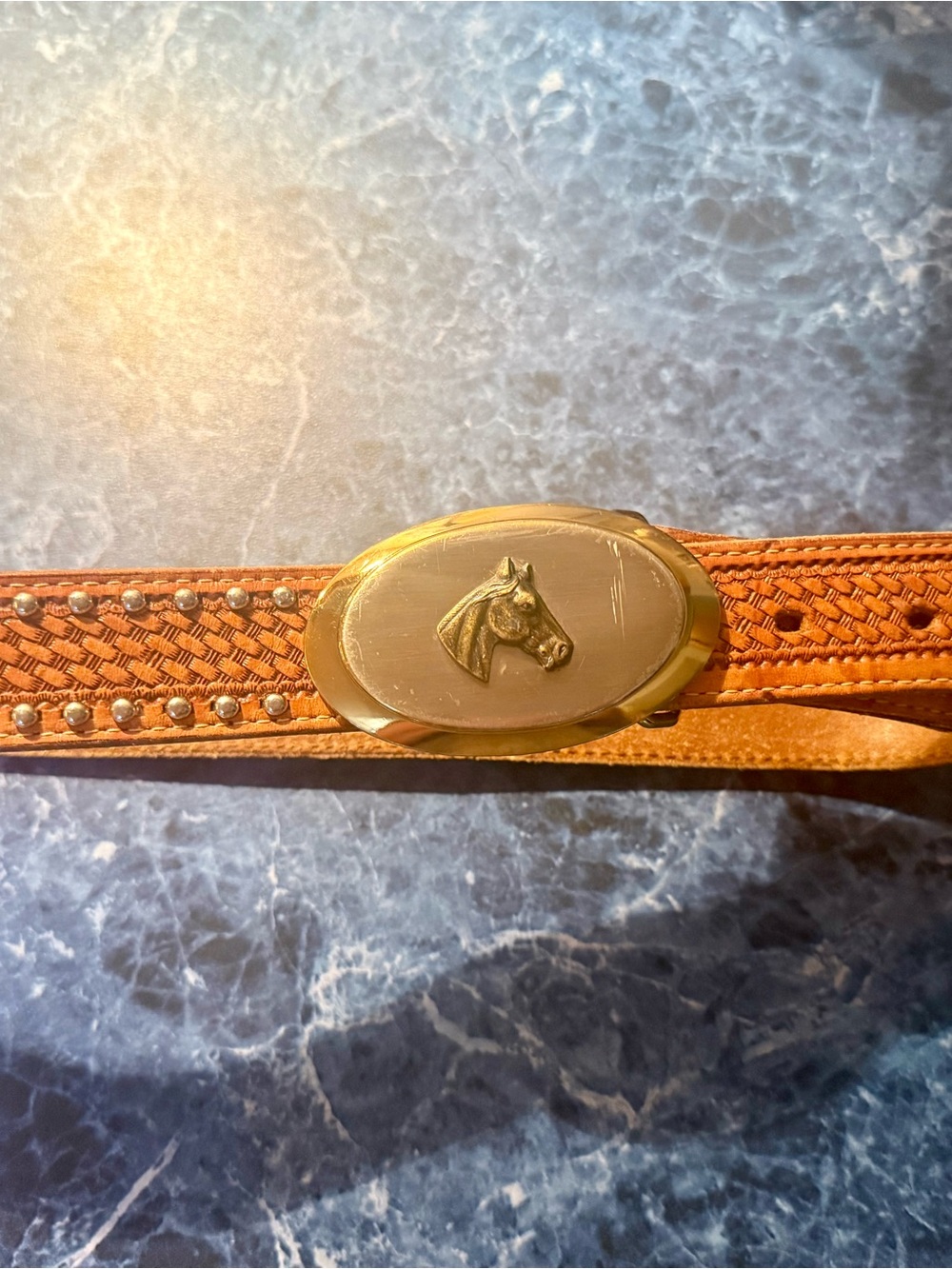 O.K. Corral Co. Western Tooled Leather Belt with Horse Head Buckle